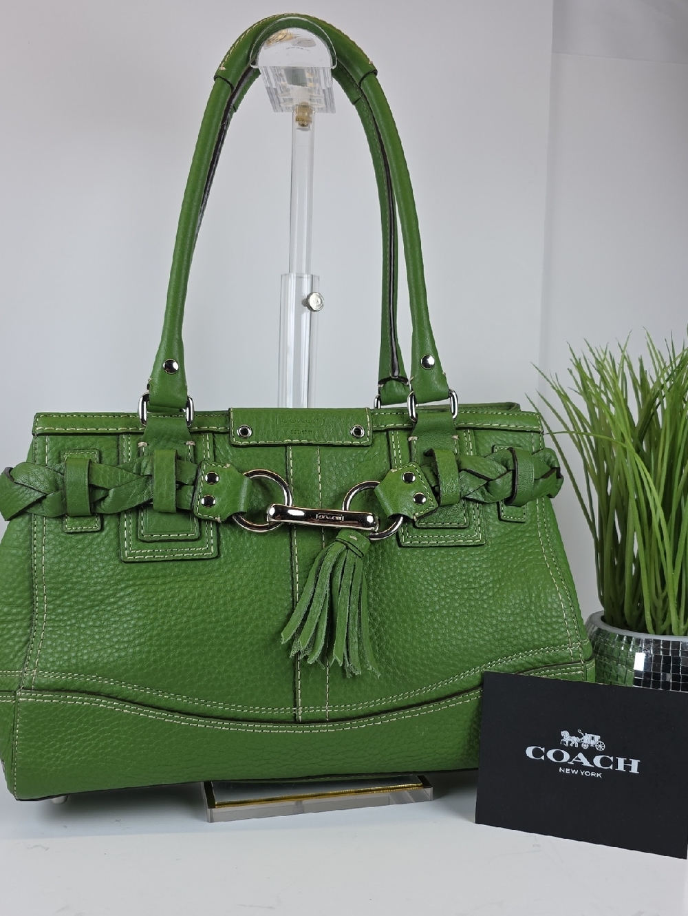 Coach Hampton Green Pebbled Leather Tote Shoulder Satchel Bag - Picture 5 of 14